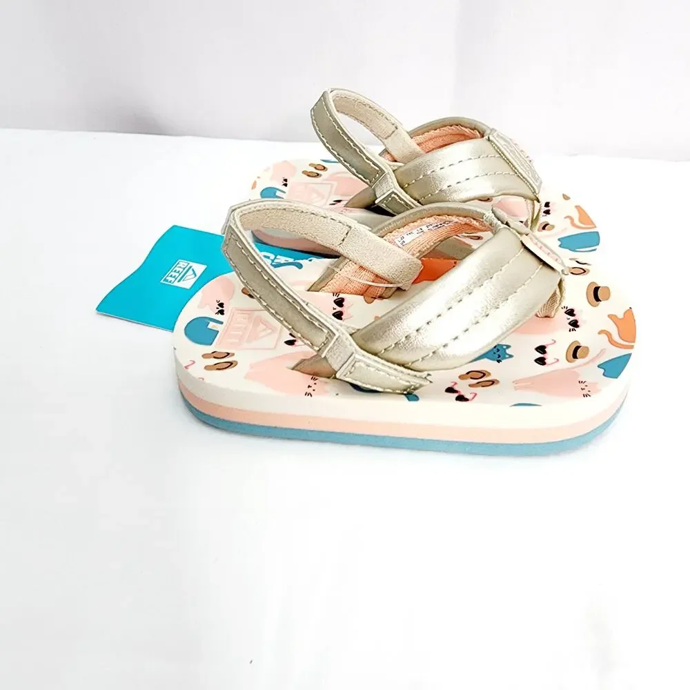 Reef Little Ahi Toddler Sandals Size 4 Gold Cat Print Slip On Summer Beach
